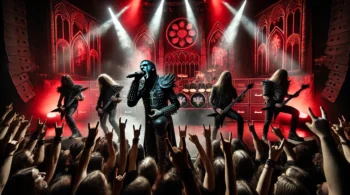 Inspired by Powerwolf , cathedral-inspired stage with red and black lighting, surrounded by smoke and a wild crowd headbanging.