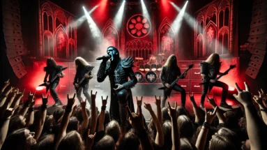 Inspired by Powerwolf , cathedral-inspired stage with red and black lighting, surrounded by smoke and a wild crowd headbanging.