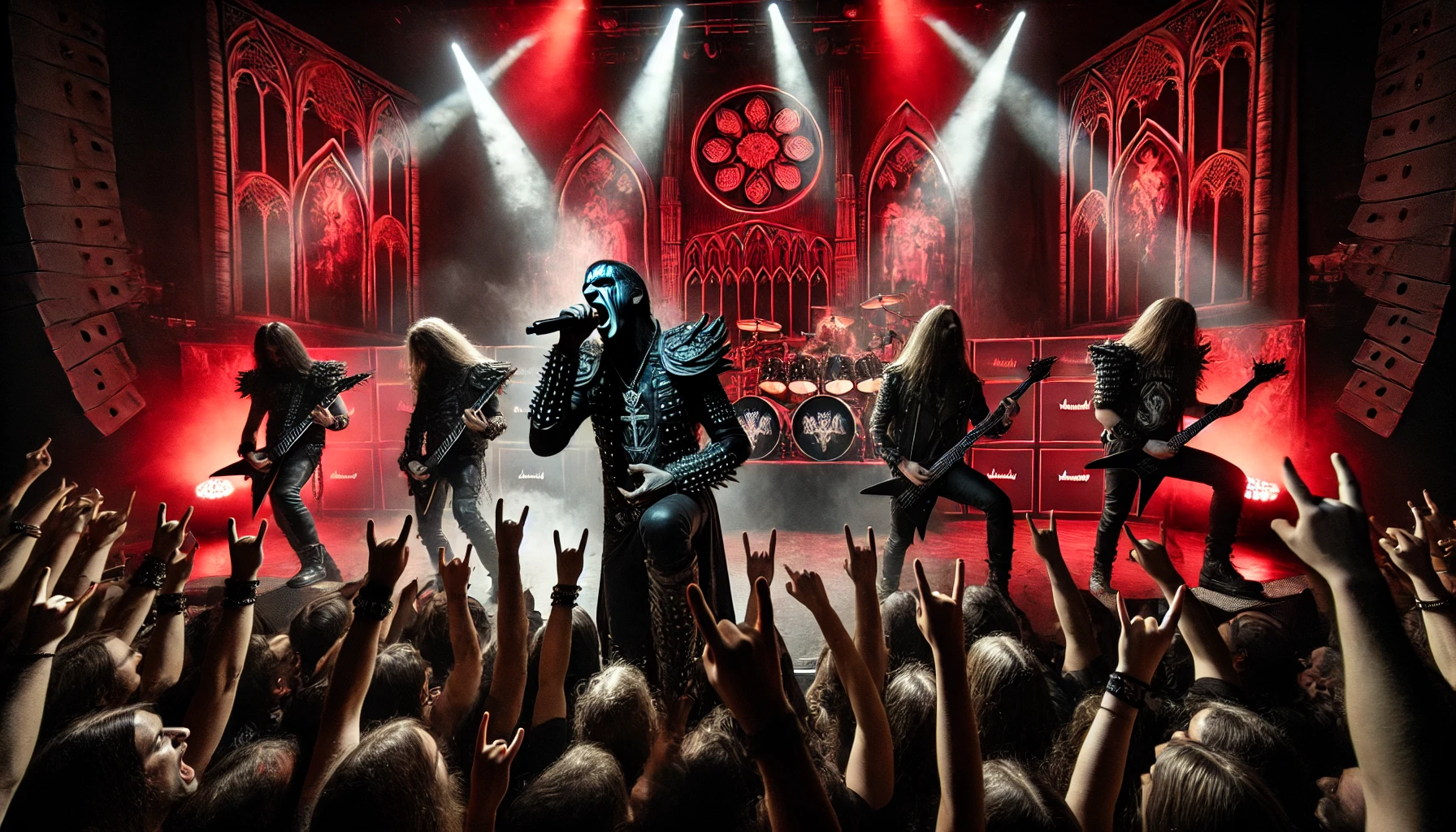 Inspired by Powerwolf , cathedral-inspired stage with red and black lighting, surrounded by smoke and a wild crowd headbanging.