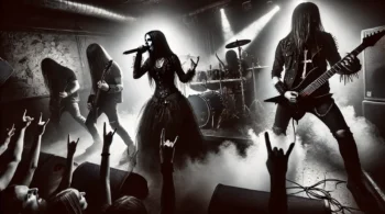 A dark, intense metal band performing live on stage with dramatic lighting, smoke effects, and a powerful female vocalist in the spotlight. The crowd is engaged, raising their hands and headbanging, capturing the raw energy of metal music.