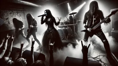 A dark, intense metal band performing live on stage with dramatic lighting, smoke effects, and a powerful female vocalist in the spotlight. The crowd is engaged, raising their hands and headbanging, capturing the raw energy of metal music.