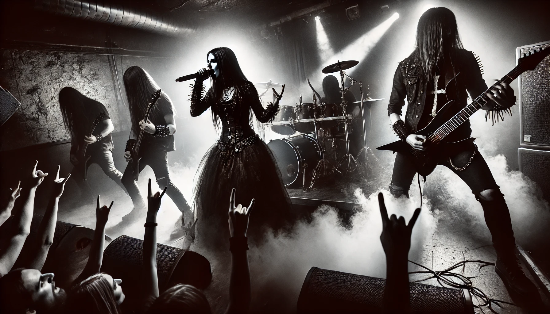 A dark, intense metal band performing live on stage with dramatic lighting, smoke effects, and a powerful female vocalist in the spotlight. The crowd is engaged, raising their hands and headbanging, capturing the raw energy of metal music.