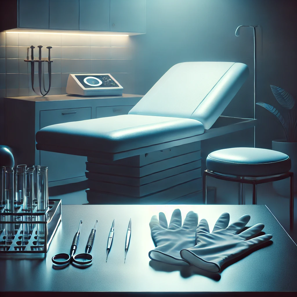A dimly lit clinical examination room with a sterile aesthetic, featuring a white examination table, latex gloves, and polished medical instruments.