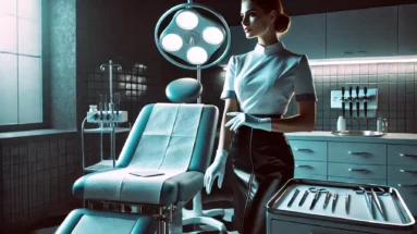 A confident nurse in a sleek uniform stands in a dimly lit clinical room, wearing latex gloves and holding a clipboard beside an examination table.