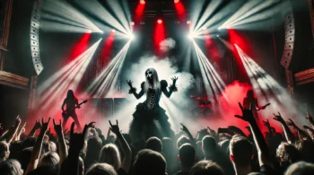 live on stage, bathed in red and white spotlights, surrounded by smoke and an intense crowd, capturing the band’s provocative energy.
