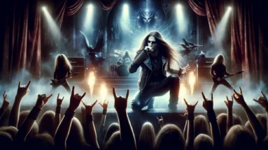 A dramatic symphonic power metal concert with a long-haired vocalist in a black leather jacket singing passionately, surrounded by fiery pyrotechnics and a cheering crowd raising metal horns.