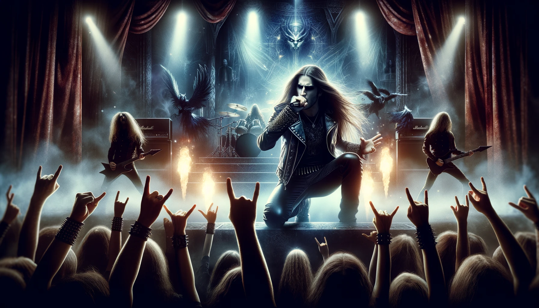 A dramatic symphonic power metal concert with a long-haired vocalist in a black leather jacket singing passionately, surrounded by fiery pyrotechnics and a cheering crowd raising metal horns.