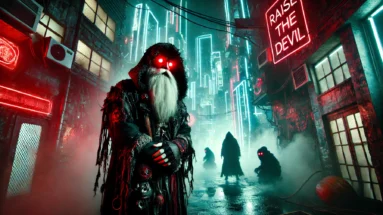 A dark, gothic depiction of a sinister Santa Claus with glowing red eyes, dressed in tattered black robes, standing in a cyberpunk dystopian city filled with neon lights, smoke, and graffiti that says 'Raise the Devil'—capturing the rebellious essence of Santa Hates You.