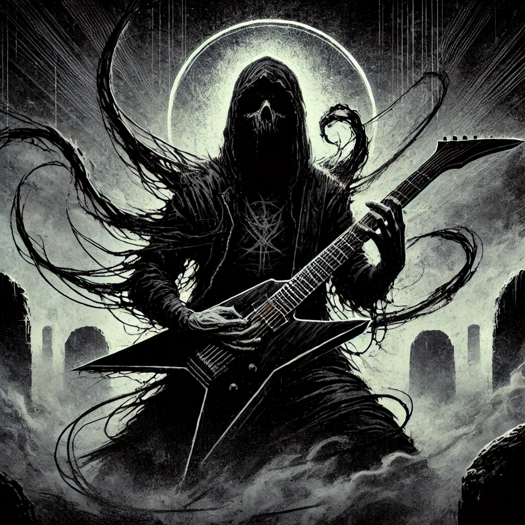 Melodic death metal guitarist shrouded in shadows and mist, playing aggressively in a dark gothic setting inspired by Imperanon.

