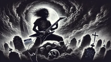 Dark gothic illustration featuring a metal guitarist among skulls and graves, visually embodying Imperanon's melodic death metal intensity.