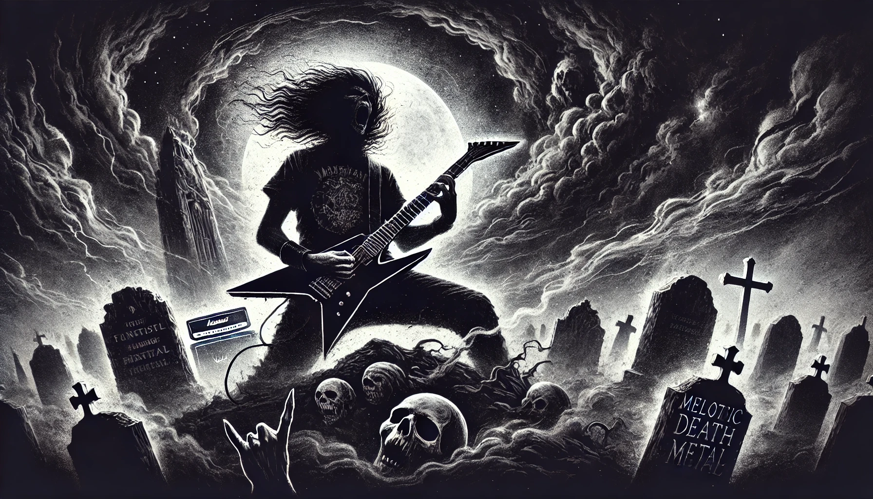 Dark gothic illustration featuring a metal guitarist among skulls and graves, visually embodying Imperanon's melodic death metal intensity.
