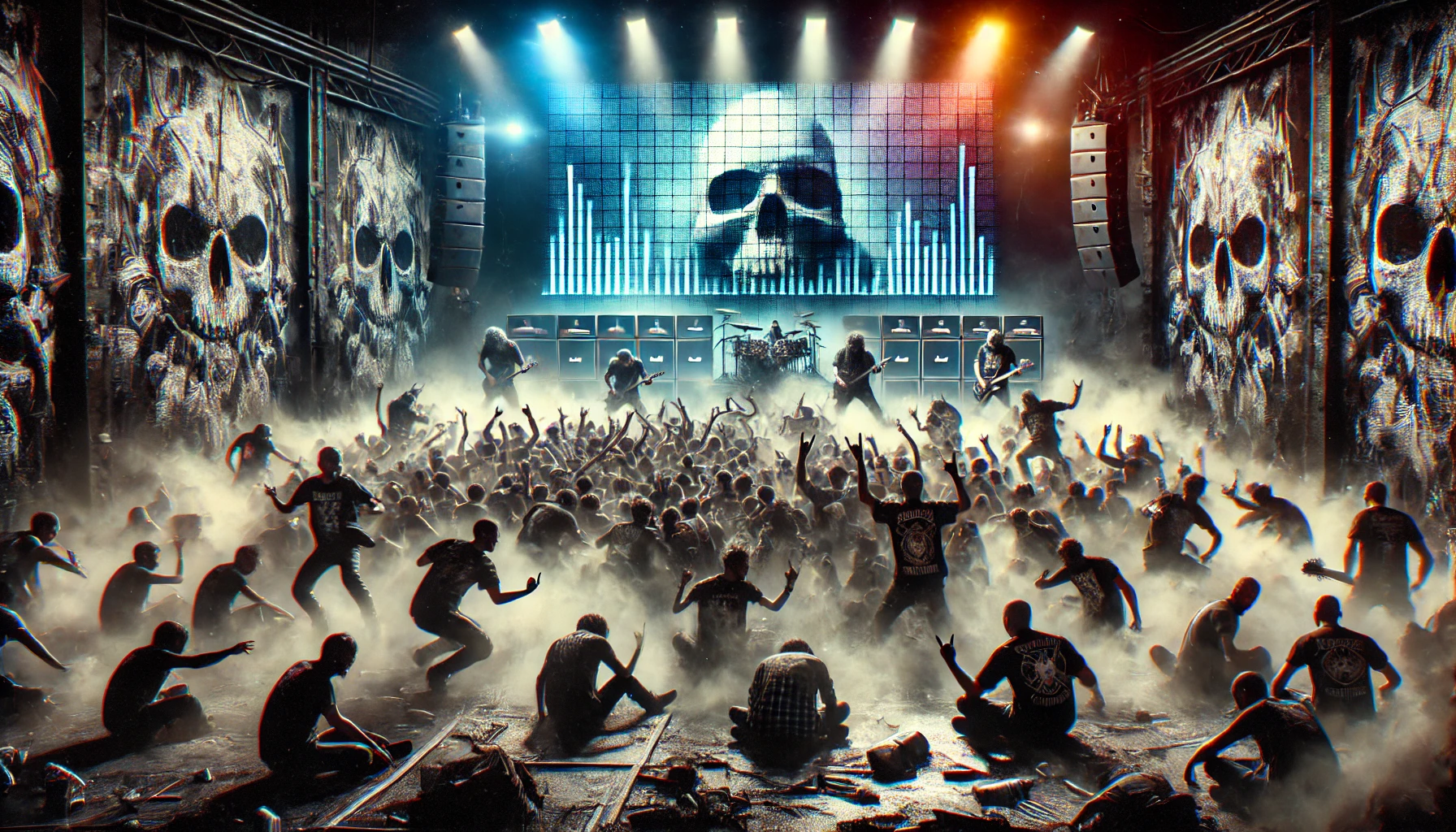 Chaotic underground metal concert with roaring crowd, stage diving, skull imagery, and a digital screen looming over the scene, symbolizing rebellion against virtual concerts.