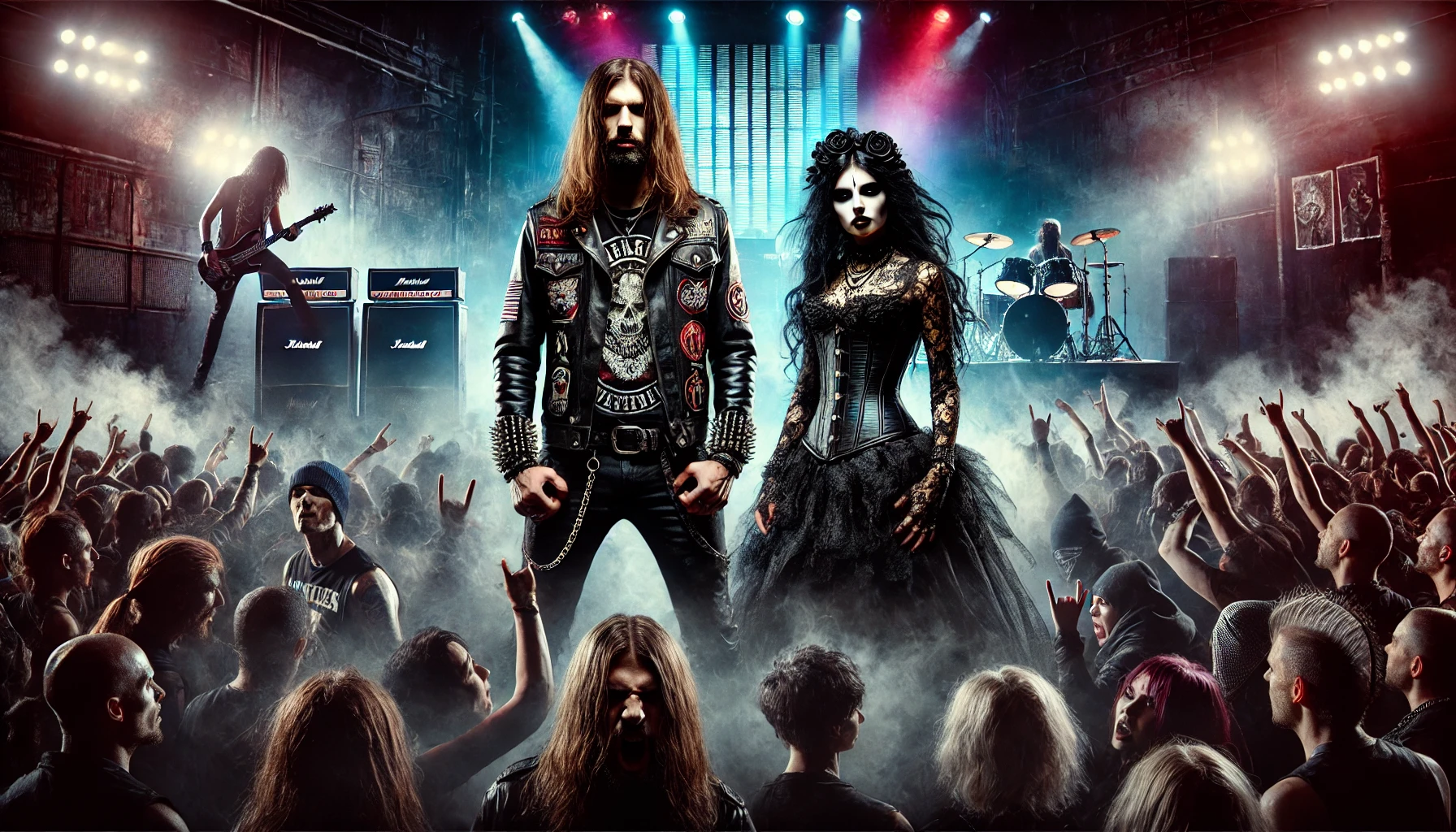 Metalhead man in leather jacket and gothic woman in a corset dress standing defiantly among a wild metal concert crowd, with musicians on stage and intense lighting.