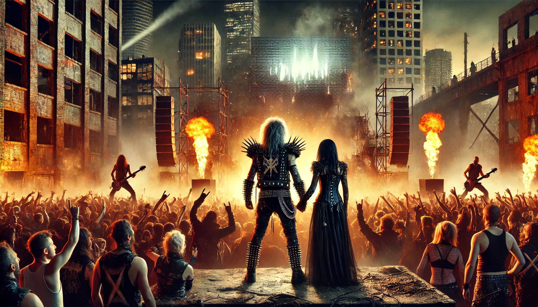 Live metal show with a female vocalist on stage, surrounded by an enthusiastic crowd in a dark venue with red lighting and a digital screen in the background.