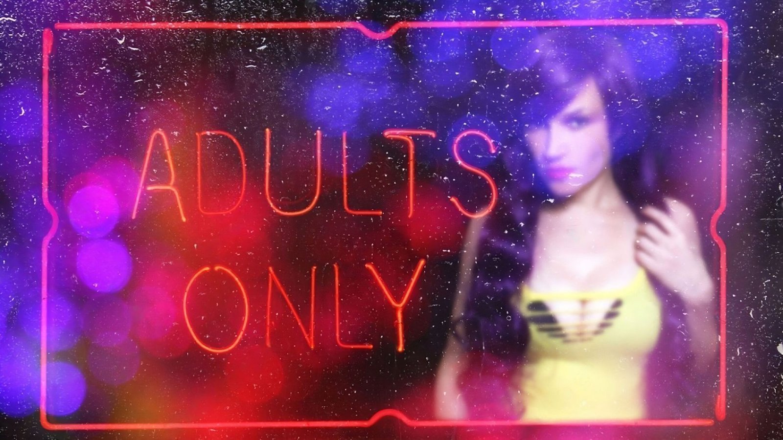Neon sign reading "ADULTS ONLY" with a blurred woman in a revealing yellow top in the background.