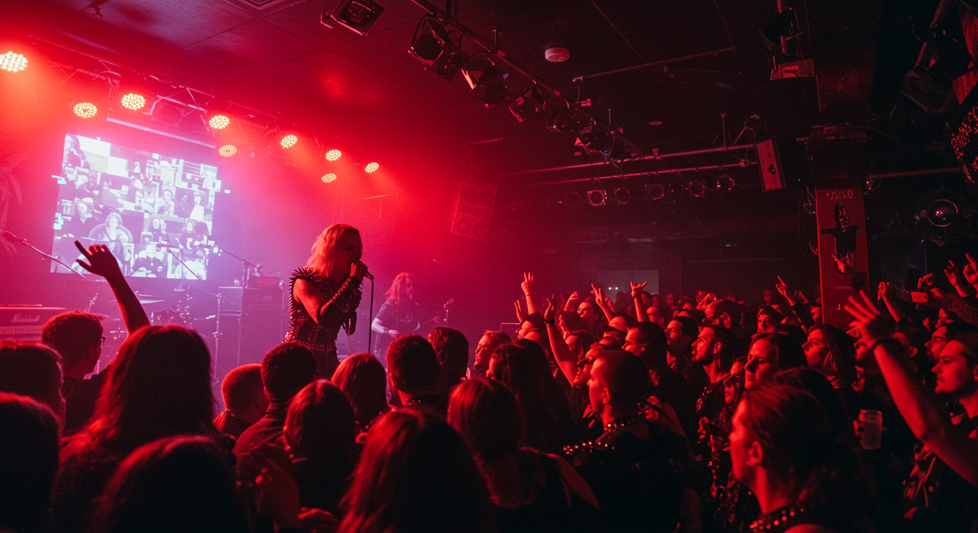 Close-up of a metalhead man and gothic woman in front of a wild concert crowd, raising fists in defiance while the band plays on stage. 