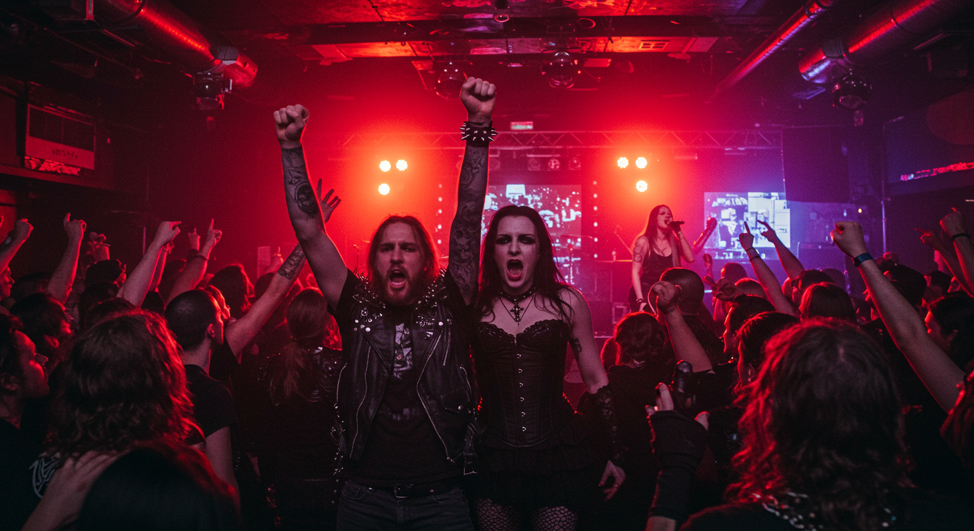 Metalhead man and gothic woman standing at the front of a packed concert crowd, both with fists raised in unison, while a female metal vocalist performs on stage under intense red lighting.