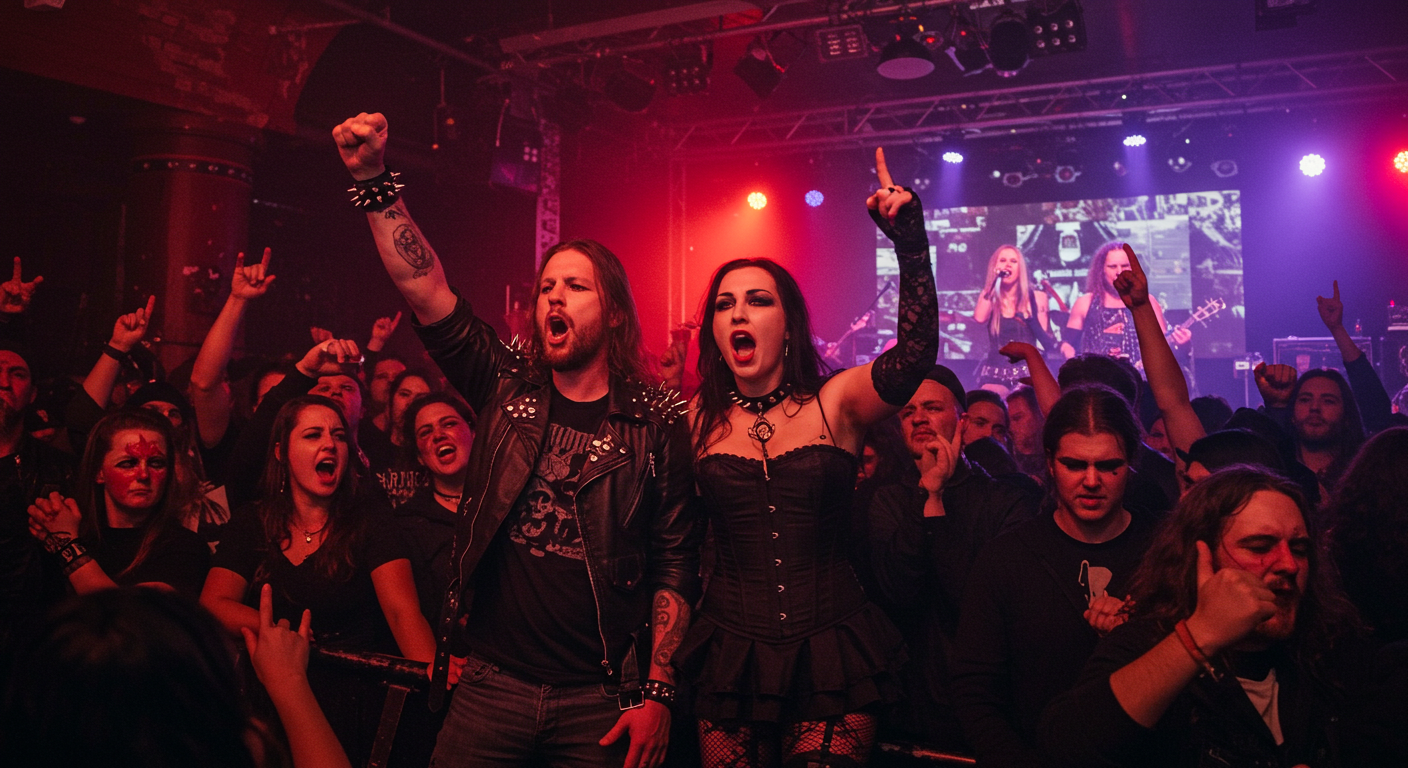 Metalhead man and gothic woman, arms raised high in front of a roaring metal concert audience, capturing the energy and rebellion of a live underground gig.