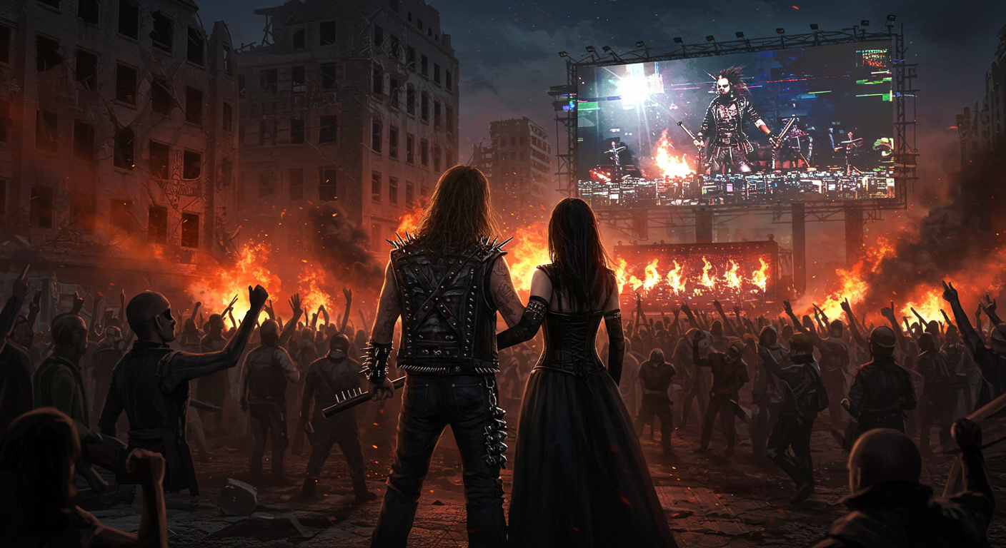 Post-apocalyptic concert scene with a metalhead man in spiked leather and gothic woman holding hands, facing a burning crowd and a glitching digital billboard. 