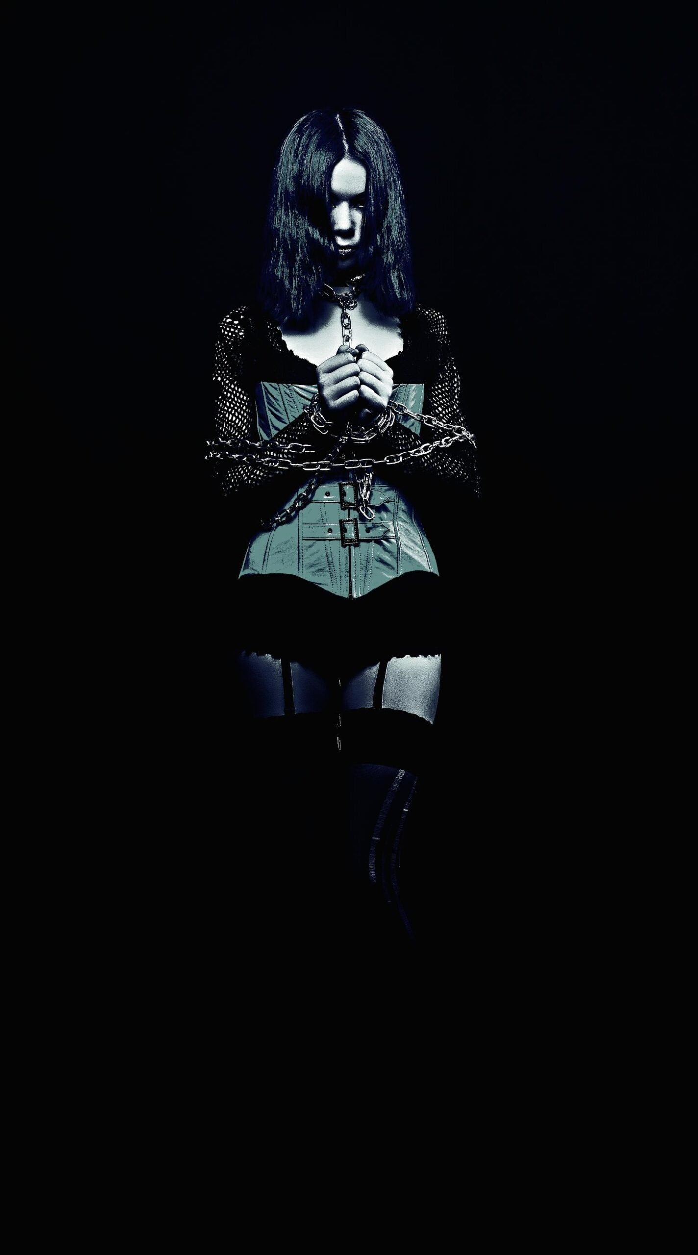 Dark gothic figure in a green corset top, bound in metal chains, exuding eerie and powerful energy.