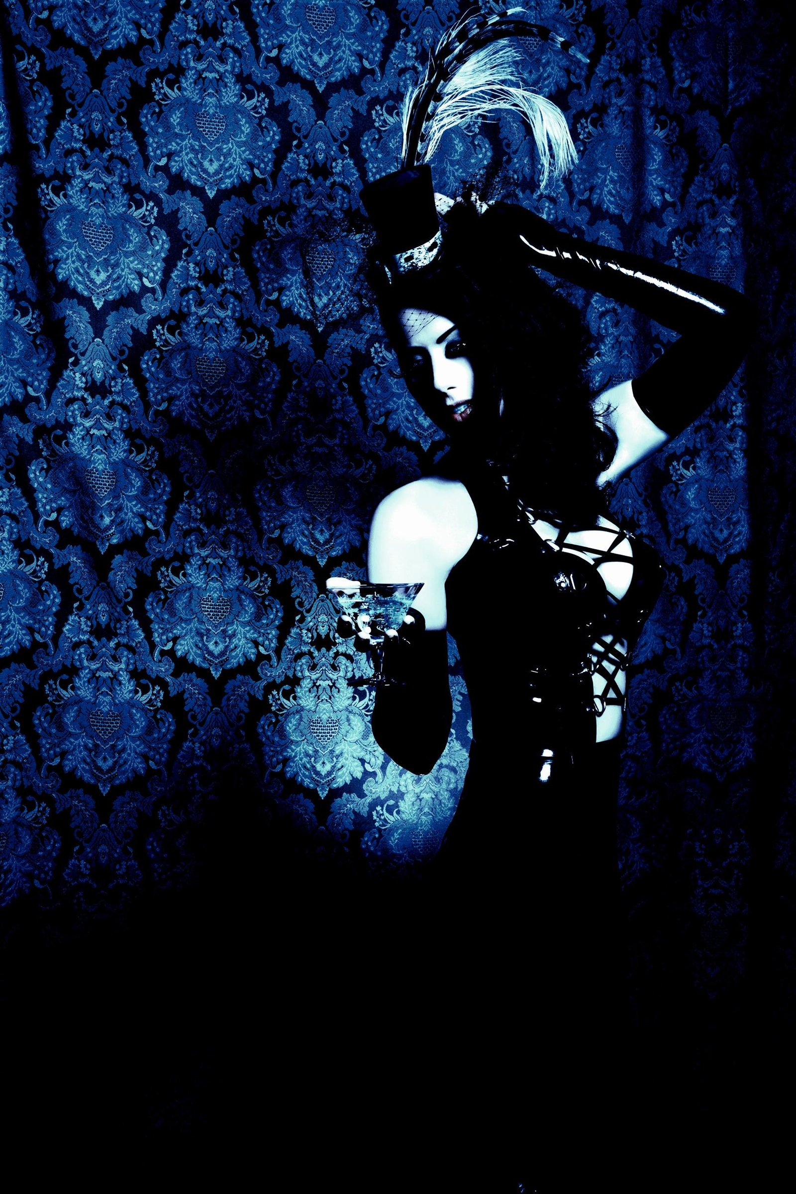 Elegant gothic woman in a black corset top and feathered hat, holding a martini glass against vintage wallpaper.