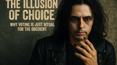 Xavi poses in a black leather jacket against a cracked concrete wall with the words “The Illusion of Choice – Why Voting Is Just Ritual for the Obedient.”