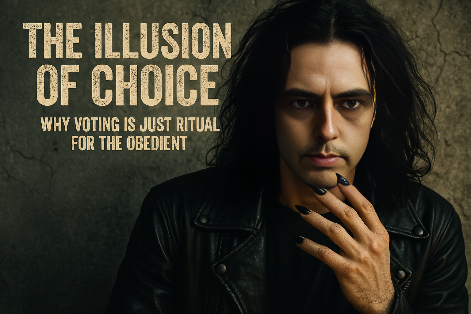 Xavi poses in a black leather jacket against a cracked concrete wall with the words “The Illusion of Choice – Why Voting Is Just Ritual for the Obedient.”