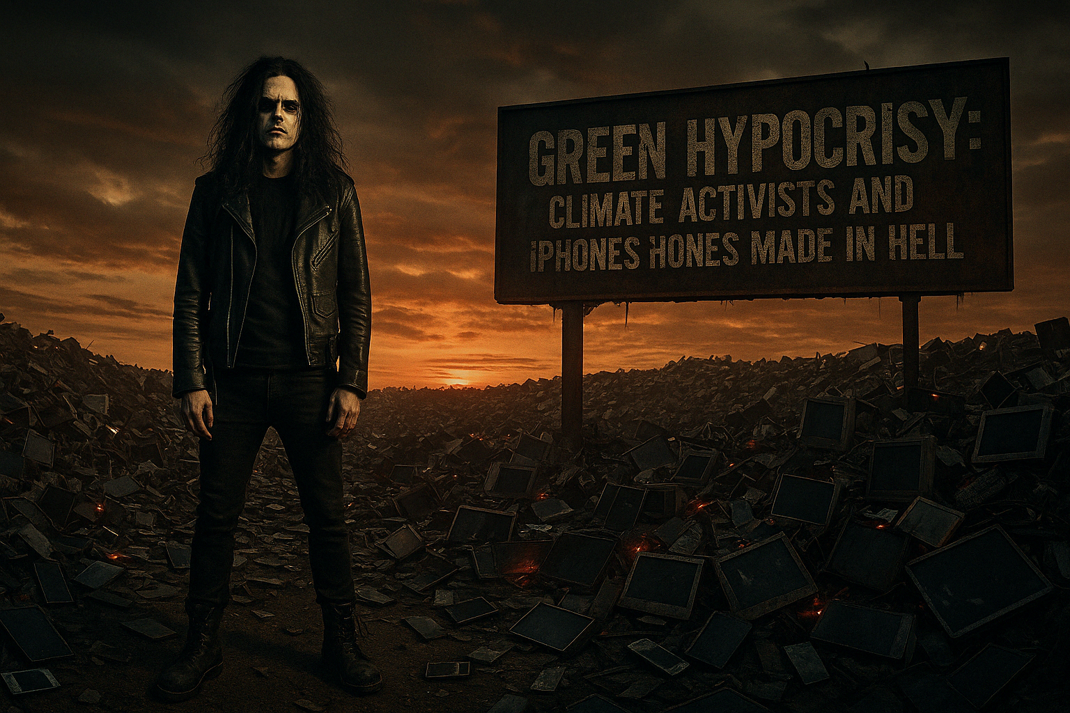 Black metal man in leather stands in a toxic tech dump at sunset with a billboard reading "Green Hypocrisy: Climate Activists and iPhones Made in Hell".