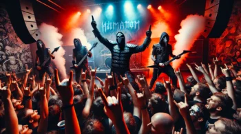 A high-energy metal concert featuring the German band Hämatom. The masked band members perform under dramatic stage lighting with smoke, pyrotechnics, and an electrified crowd raising fists and beers in rebellion.