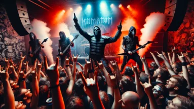 A high-energy metal concert featuring the German band Hämatom. The masked band members perform under dramatic stage lighting with smoke, pyrotechnics, and an electrified crowd raising fists and beers in rebellion.