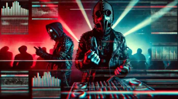 Cyberpunk-inspired scene of two masked musicians performing in intense red and blue lighting, embodying the aggressive aesthetics of electro-industrial music.