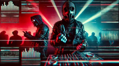 Cyberpunk-inspired scene of two masked musicians performing in intense red and blue lighting, embodying the aggressive aesthetics of electro-industrial music.