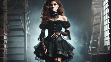 Mystical gothic woman in a black lace mini skirt and corset, wearing lace gloves and a Victorian choker, standing in a dark, atmospheric setting.