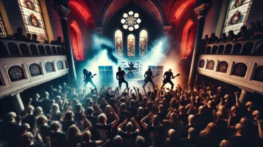 Inspired depiction of a melodic metal band performing live in a gothic venue with stained glass windows, moody stage lighting, and an electrified crowd.
