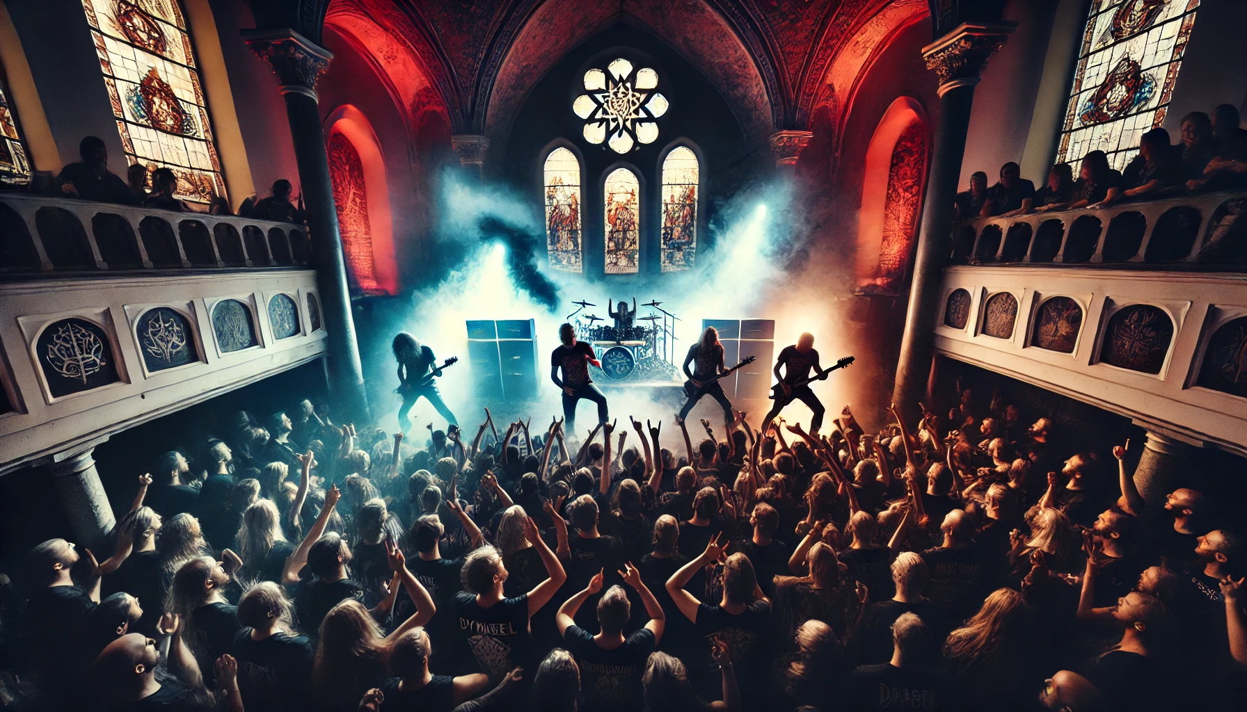 Inspired depiction of a melodic metal band performing live in a gothic venue with stained glass windows, moody stage lighting, and an electrified crowd.