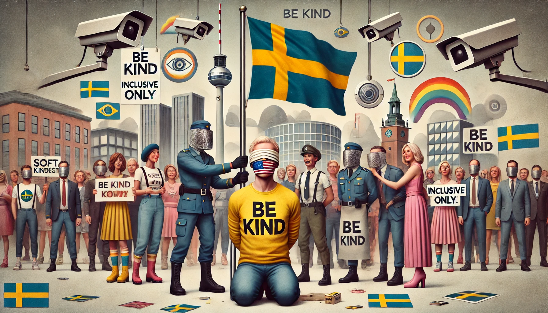 Illustration of Sweden’s political correctness depicted as authoritarian control—central figure blindfolded and muzzled with flags, surrounded by surveillance cameras and smiling citizens holding 'Be Kind' and 'Inclusive Only' signs in a sanitized cityscape.