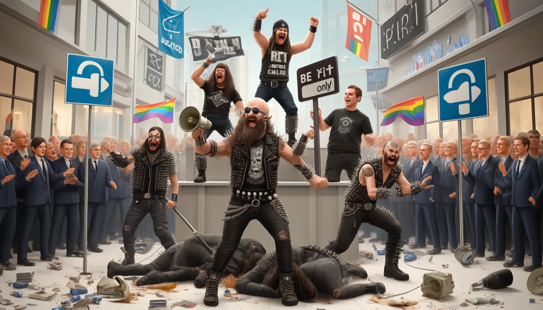 Rebellious metalheads in spiked clothing riot against political conformity, tearing down signs in a sterile city as rainbow flags fly and uniformed crowds applaud in forced harmony.