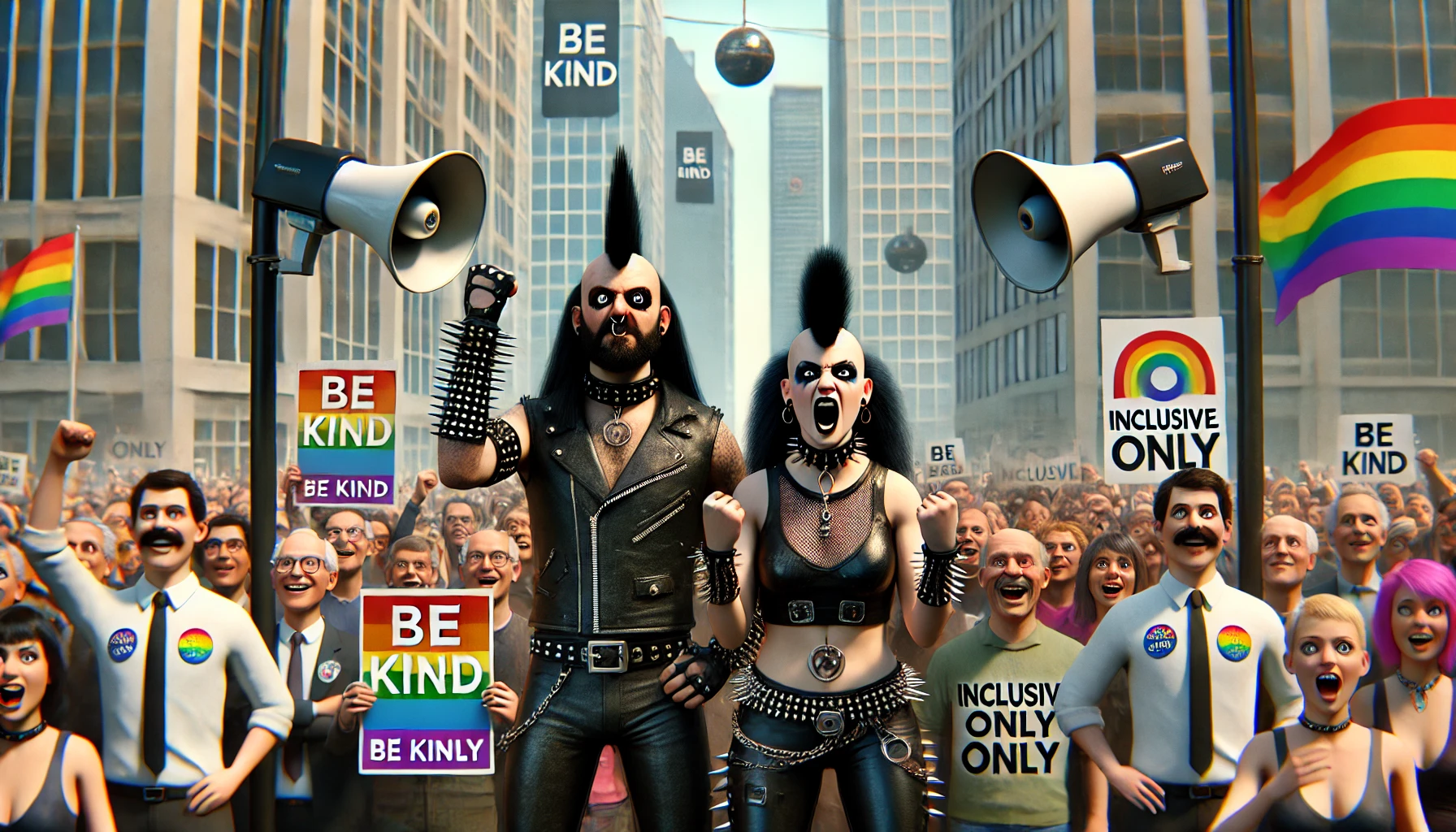 A rebellious metalhead man and woman scream and raise fists in defiance against a sanitized crowd of smiling citizens holding 'Be Kind' signs, set in a corporate-like urban setting.