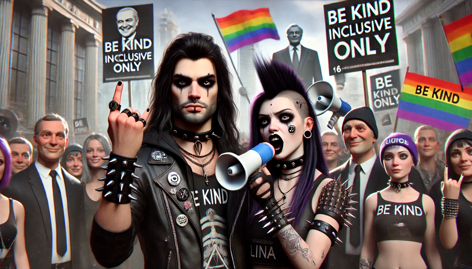 Metalhead couple dressed in black leather and spikes, rebelling against political correctness, standing defiantly before a crowd holding rainbow flags and 'Be Kind' signs in a dystopian urban setting.
