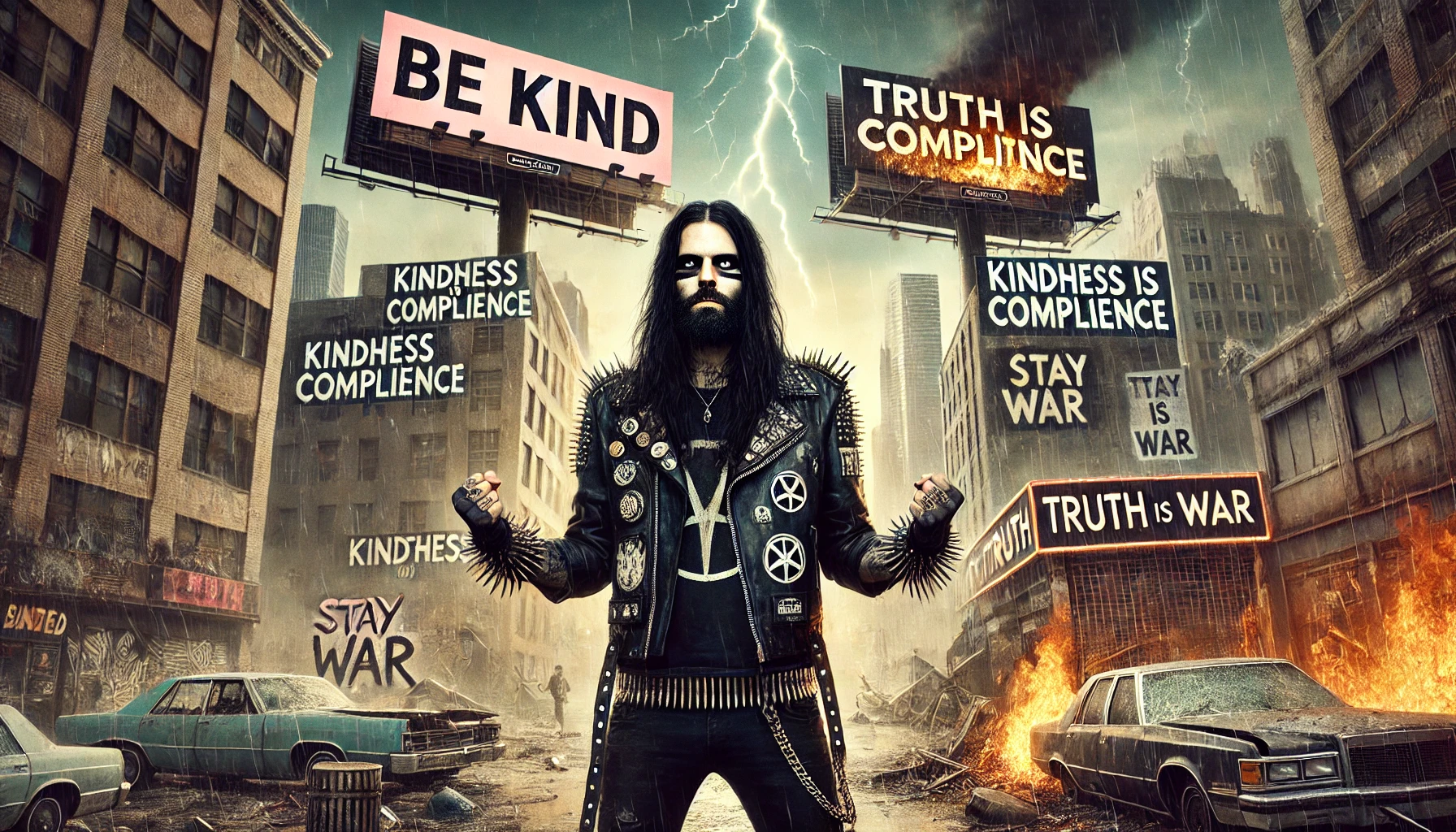 Metalhead man stands defiant in a twisted cityscape, challenging society's kindness scam 