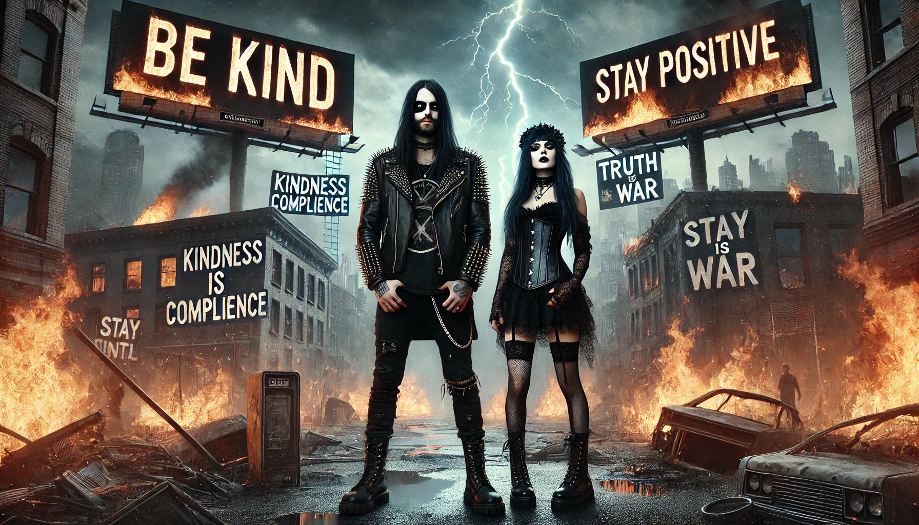 Gothic couple surrounded by chaos and flames, symbolizing rebellion against fake kindness