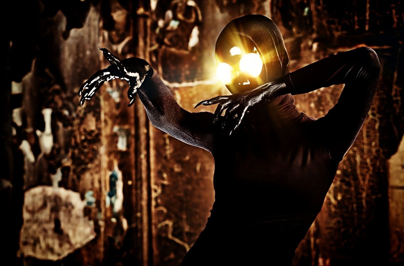 Mysterious creature with glowing yellow eyes and black claws in decayed surroundings