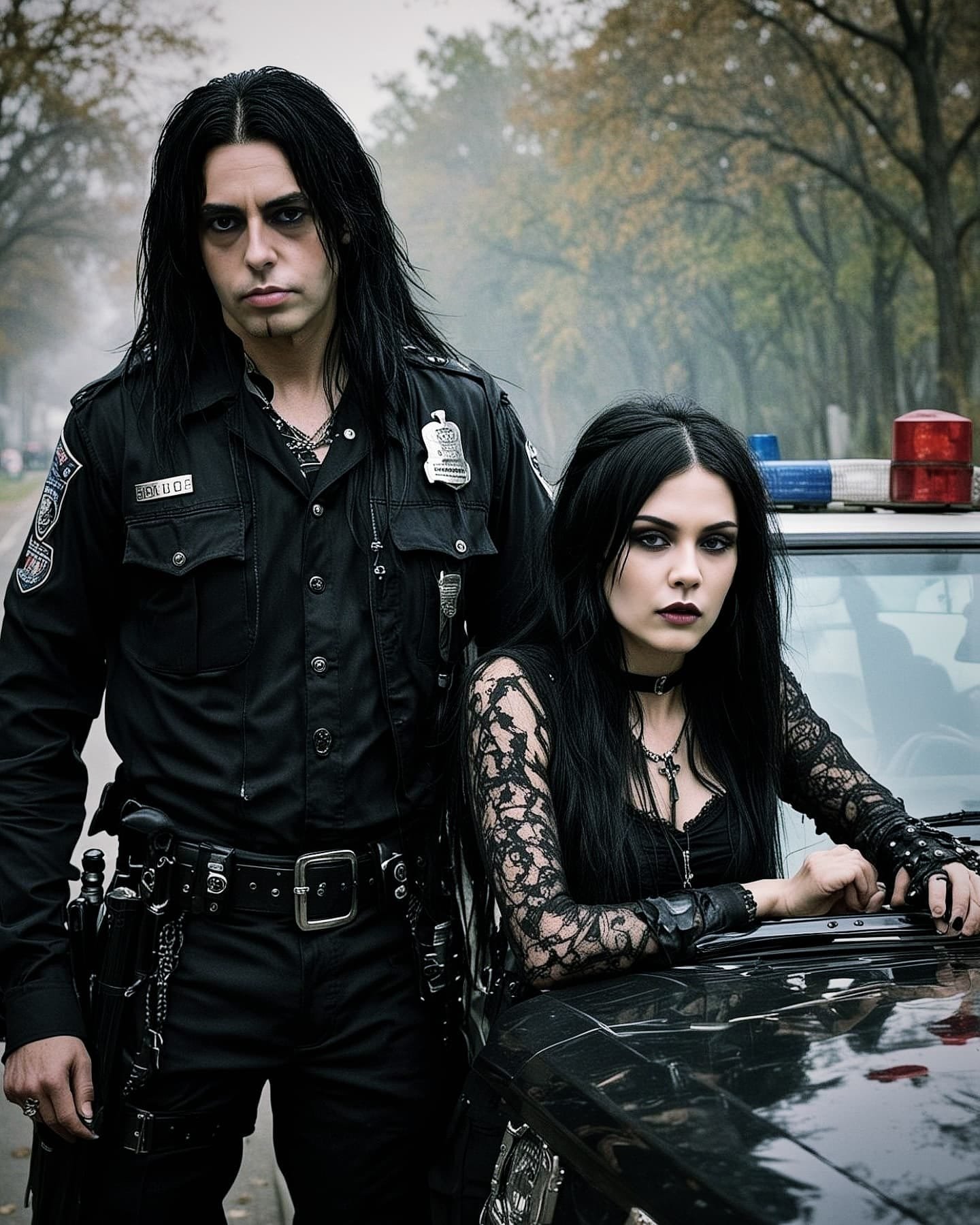A goth couple in black uniforms standing next to a police car in a foggy, eerie setting, with an intense and mysterious expression.