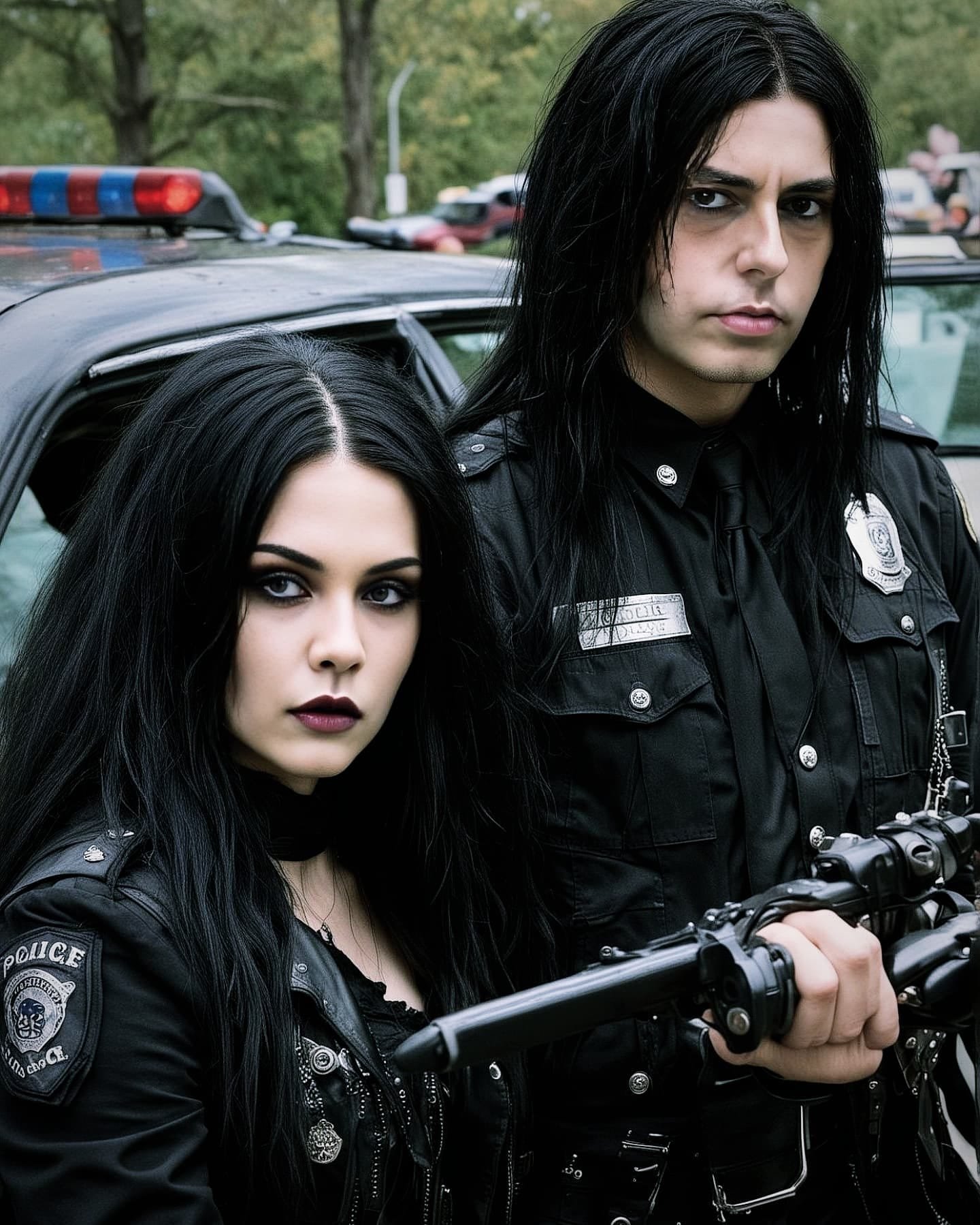 A goth man in a tactical police uniform holding a weapon, standing beside a goth woman in leather, against the backdrop of a police car.