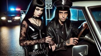 A gothic couple in leather and lace posing beside a police car under glowing red and blue lights, with a speeding sign in the background.