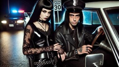 A gothic couple in leather and lace posing beside a police car under glowing red and blue lights, with a speeding sign in the background.