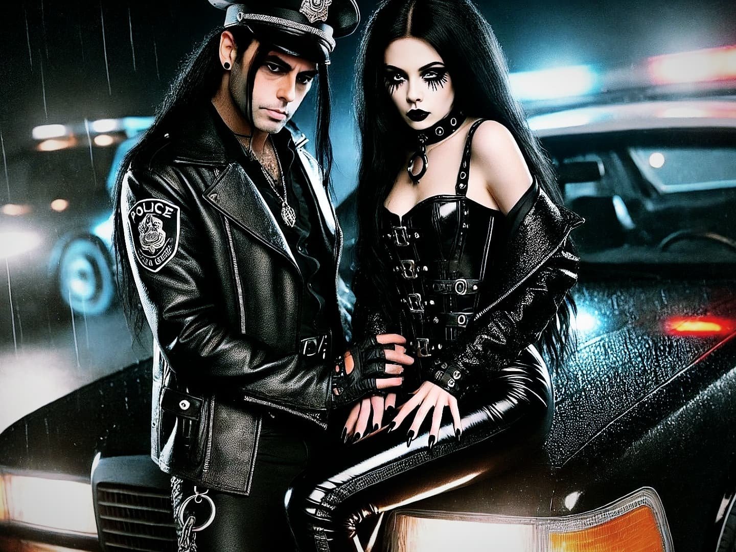 A goth man in a police uniform and a goth woman in a leather corset, leaning against the hood of a police car in the rain.