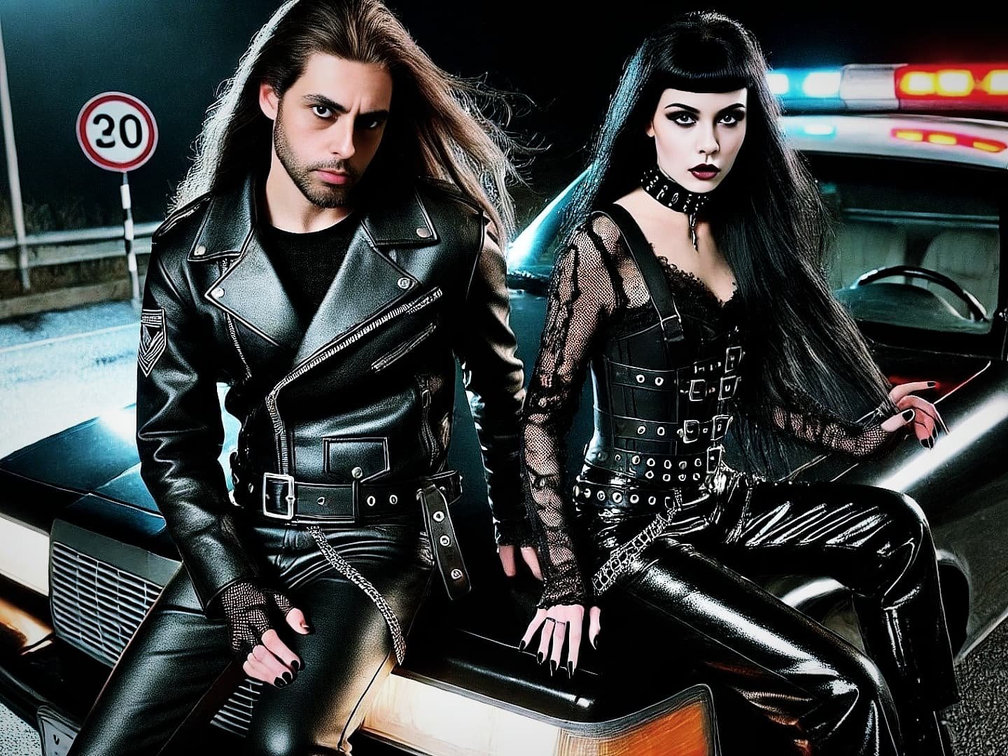 A goth couple dressed in leather and lace, sitting on a police car under flashing lights, exuding a rebellious vibe.