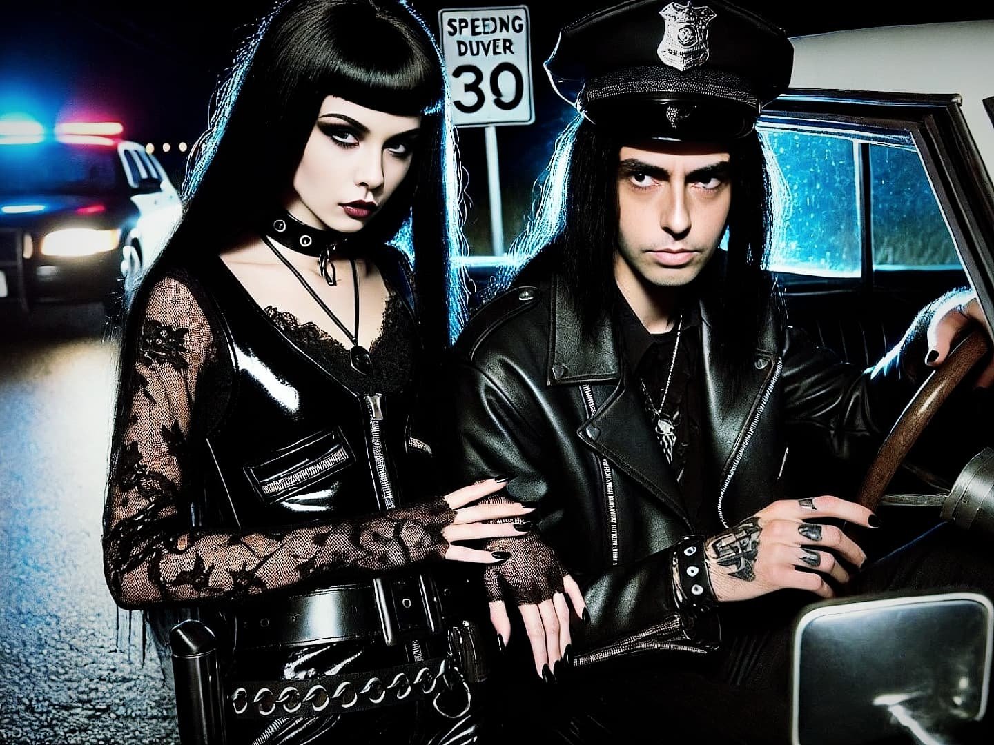 A goth woman in a lace outfit and a goth man wearing a police hat, posing near a car with flashing police lights in the background.
