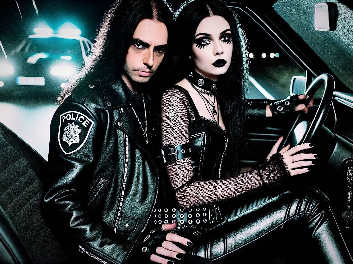 A gothic couple in leather outfits sitting inside a police car, with the woman gripping the steering wheel and the man gazing intensely at the camera.